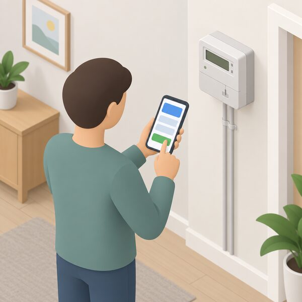 A person indoors holding a smartphone showing a supplier app top-up screen as plain colour blocks, with the smart prepayment electricity meter mounted on a nearby wall in the background of the same room scene.