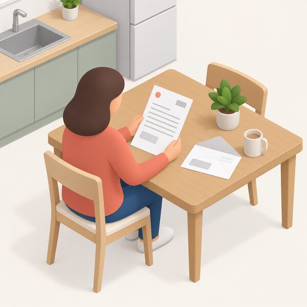 A sealed envelope from the energy supplier lying open on a kitchen table beside a printed deadlock letter on headed paper, held by a simplified figure seated reading it, with blank lines and plain blocks standing in for all text.