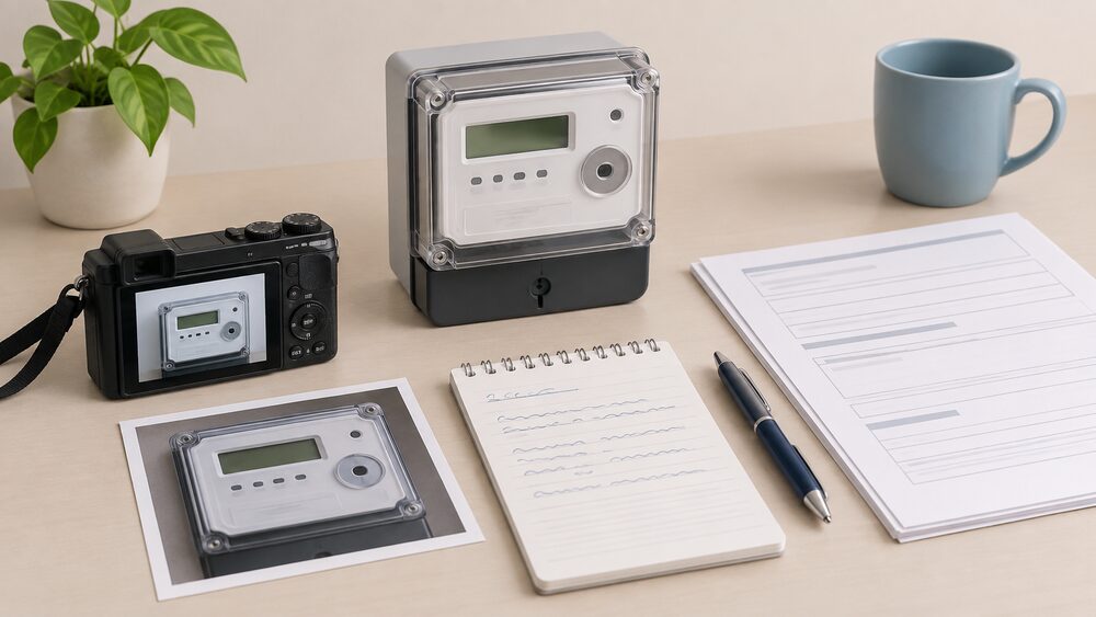 A close tabletop scene of a meter dispute evidence pack: an electricity meter photographed beside a printed photograph of its face, a handwritten dated reading note, a pen and blank complaint paperwork laid out together.