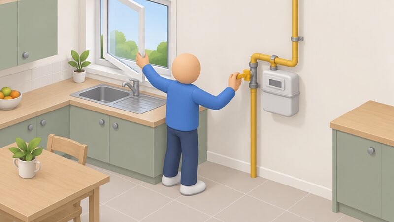 A simplified householder in a kitchen reaches up to open a window with one hand while their other hand turns the lever on the gas meter's emergency control valve so it sits at 90 degrees to the gas pipe, with no electrical switches being touched.
