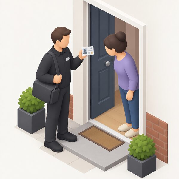 A gas engineer at a household doorway holding up their Gas Safe Register ID card, front side facing the viewer, while a householder leans in to look at it, with the card's photograph, dates, licence number and hologram shown only as blank blocks and plain shapes.