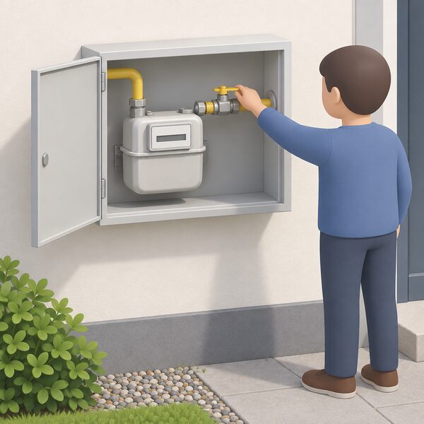 A gas meter box on an outside wall with the meter inside and the emergency control valve on the household side of the supply pipe, positioned so a person can reach the valve directly without going into any cellar.
