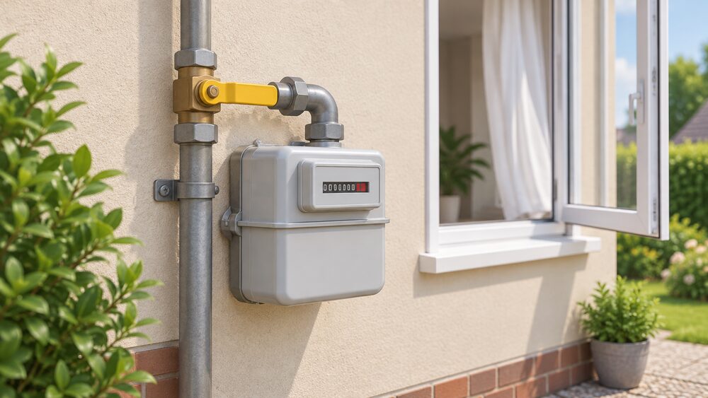A close-up of a domestic gas meter box on an outside wall with the emergency control valve lever turned to 90 degrees against the gas pipe, an open window letting air through in the background, and no switches or flames anywhere in view.