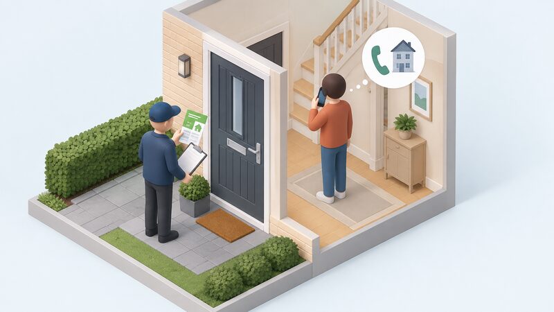 A simplified isometric figure stands at a house front door holding a clipboard and a leaflet, while inside the hallway the householder holds a phone, checking the caller through the company's published number rather than anything on the leaflet.