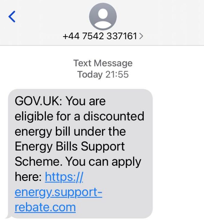 A screenshot of a scam text message claiming to be from GOV.UK offering an energy bill discount with a link