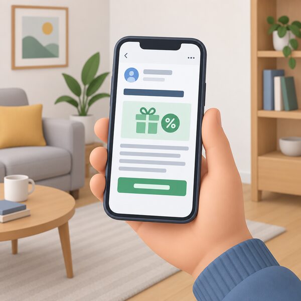 A person's hand holding a smartphone at home, its screen showing an email message with a sender line, a subject line and a prominent button, all rendered as blank lines and plain colour blocks so nothing is readable, suggesting a suspicious rebate or grant message.