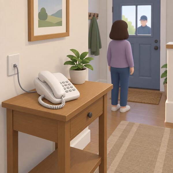 A corded landline telephone sitting on a side table in a home hallway, its handset resting in place, ready for a household member to pick up and verify an unexpected caller at the front door.