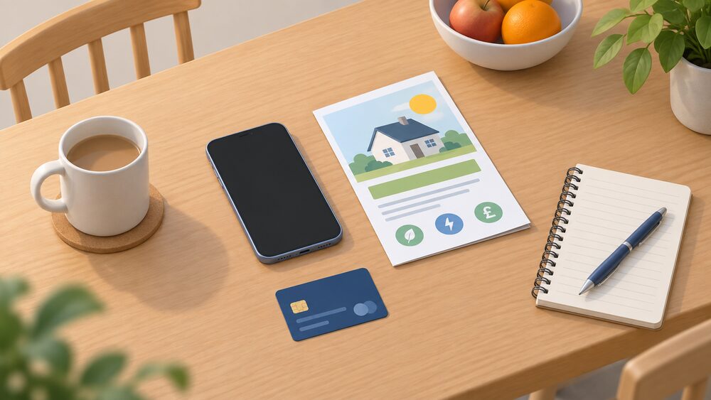 A kitchen table seen from above with a smartphone lying face up with a blank screen, a printed doorstep leaflet beside it, a debit card and a notepad with a pen, the moment before a household decides whether an energy rebate message is genuine.