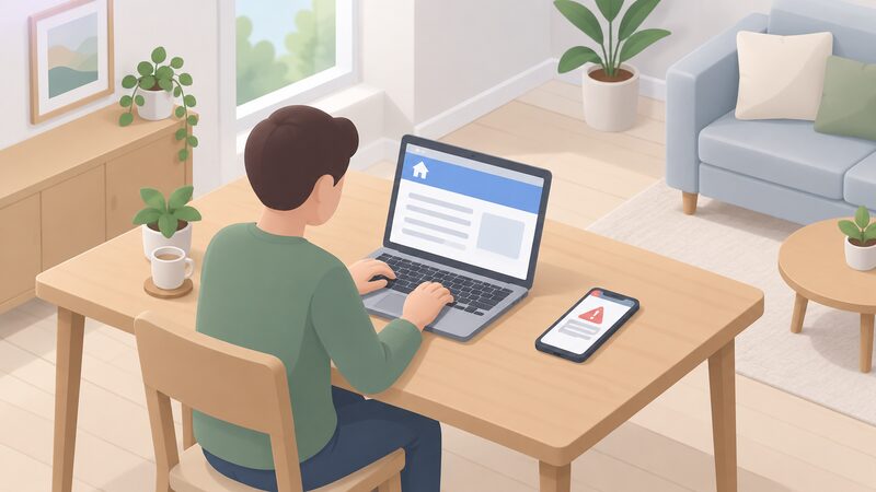 A simplified isometric person sits at a home table typing the web address of an official energy site into a laptop, with a phone showing a suspicious message lying face-up beside them, deliberately untouched, showing verification done directly through the official site rather than any link in the message.