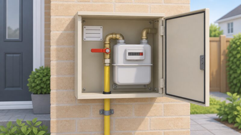 An open outside wall-mounted gas meter box containing a domestic gas meter with a red emergency control valve handle on the incoming pipe before the meter, with a small blank instruction label fixed nearby.