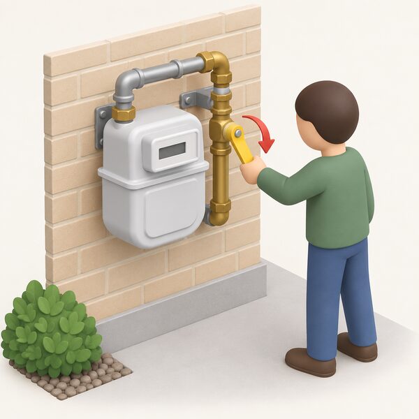 A domestic gas meter mounted on an outside wall with its emergency control valve beside it, a simplified householder figure turning the lever handle to the off position to shut off the supply during a gas escape.