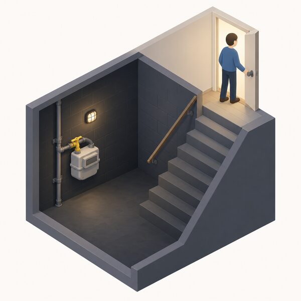 A dim cellar with a gas meter and emergency control valve on the wall at the foot of a descending staircase, while a householder stands at the top of the stairs without going down, turned back toward the door to leave.