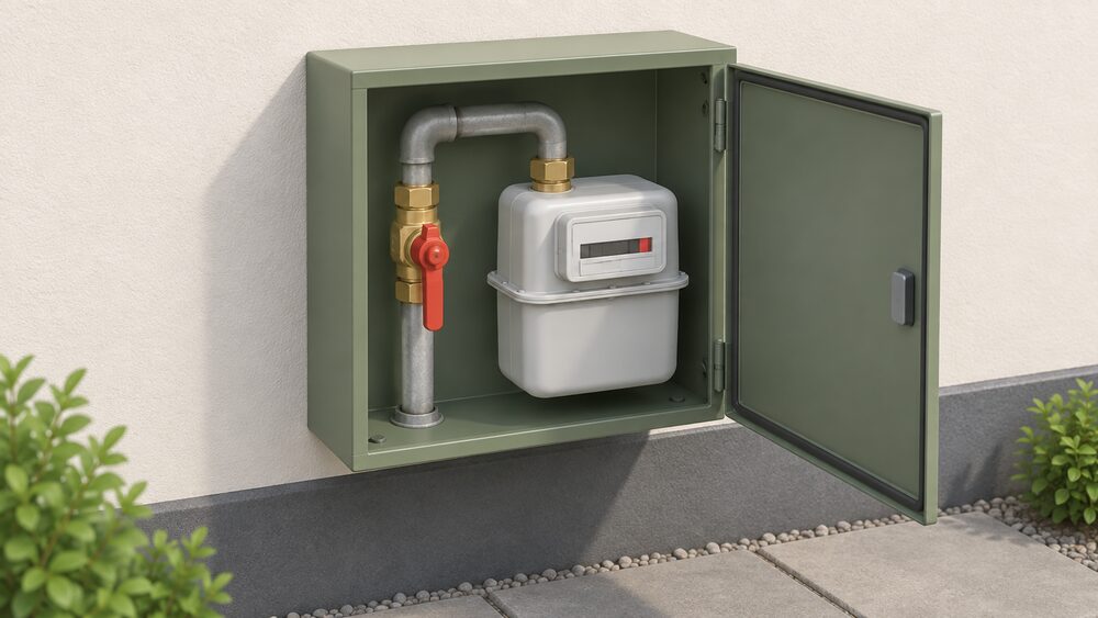 A close-up of an open outdoor gas meter box on an outside wall, with the incoming gas pipe entering and the red emergency control valve handle on the pipe before the meter, turned so the lever sits at 90 degrees to the pipe.
