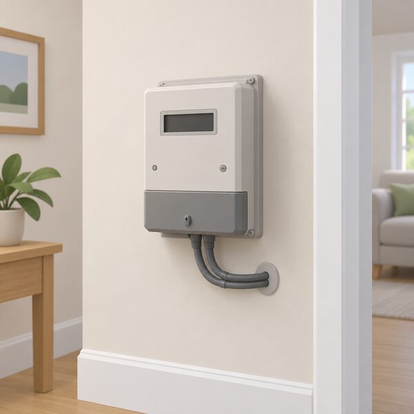 A single household electricity meter mounted on an interior wall of a home, shown as a plain boxed unit with its wiring running into the wall, the kind of RTS meter awaiting replacement.