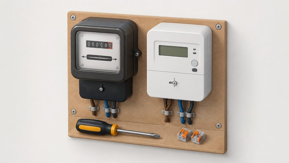 A close-up of an old RTS electricity meter lying removed beside a new smart electricity meter, both mounted on a plain meter-board surface with a screwdriver and a pair of wire connectors nearby, as during a supplier's meter replacement appointment.