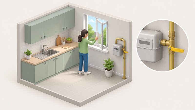 A simplified figure inside a kitchen pushes open a window sash for ventilation, while on the wall nearby a domestic gas meter is shown with its supply lever turned to the off position, no flames or switches in use.