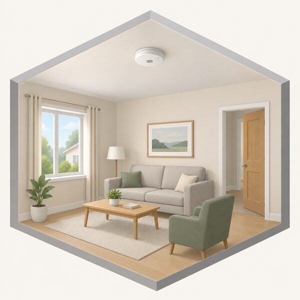A small round carbon monoxide alarm mounted on the ceiling of a simply furnished living room, drawn in isometric view with plain furniture below and a doorway and window in the background, showing the alarm as the household's detection layer in its everyday position.