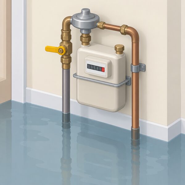 A domestic gas meter and its connected pipework on an inside wall standing in shallow flood water left after the water receded, with the meter's emergency control handle left off and no one touching it.