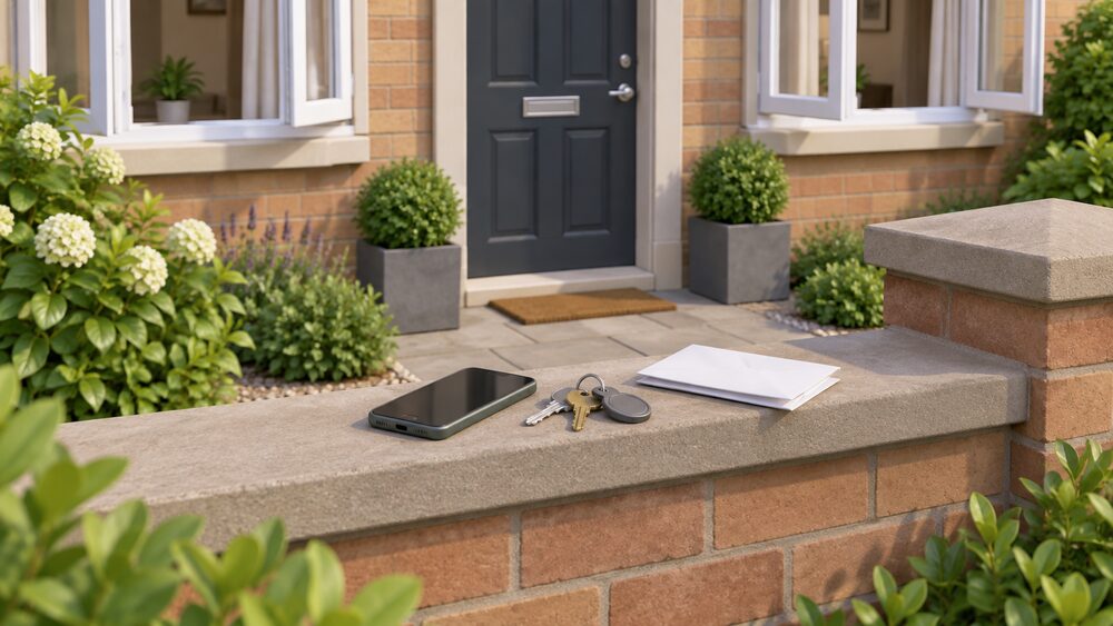 A mobile phone lying on a low garden wall outside a house's closed front door, beside a bunch of keys and a folded letter, with the front windows of the house shown open behind it as if the occupants have just left to make the emergency call from outside.