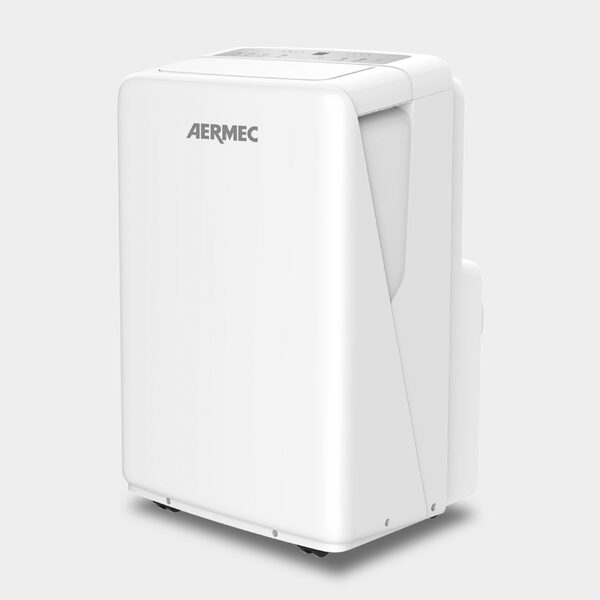 A white portable air conditioning unit branded Aermec on a plain background