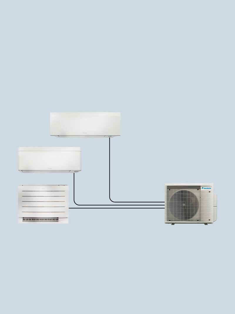 A Daikin multi-split air conditioning setup with three indoor units connected by lines to one outdoor heat pump unit on a plain blue background