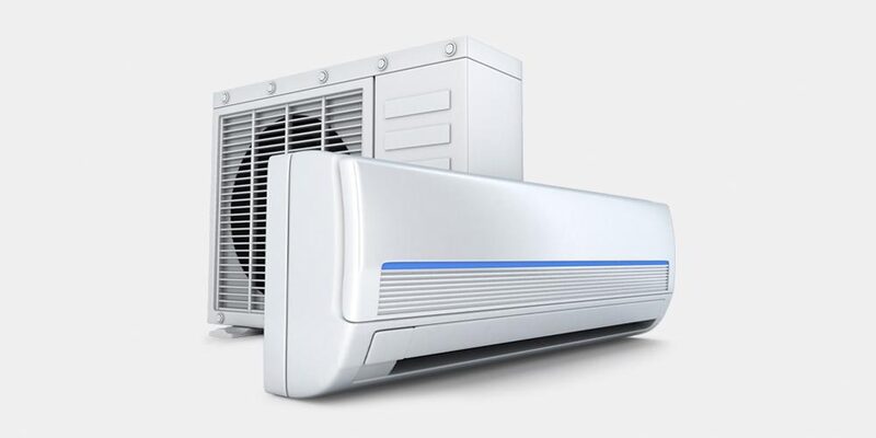 A white split-system air conditioner with an indoor wall unit in front of an outdoor condenser unit on a plain background