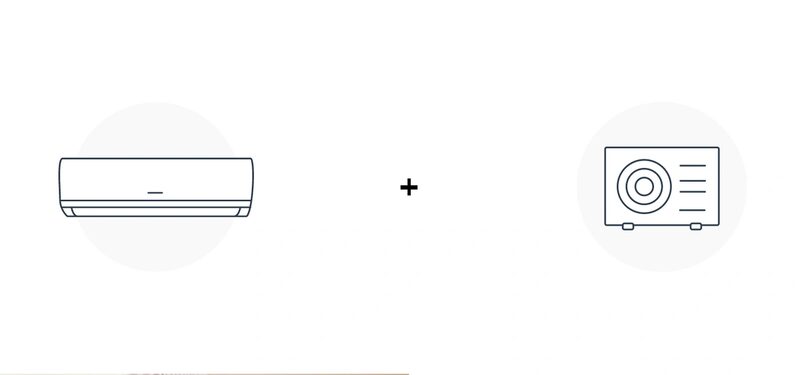 A simple line illustration of a split system air conditioning setup, showing an indoor wall unit plus an outdoor condenser unit