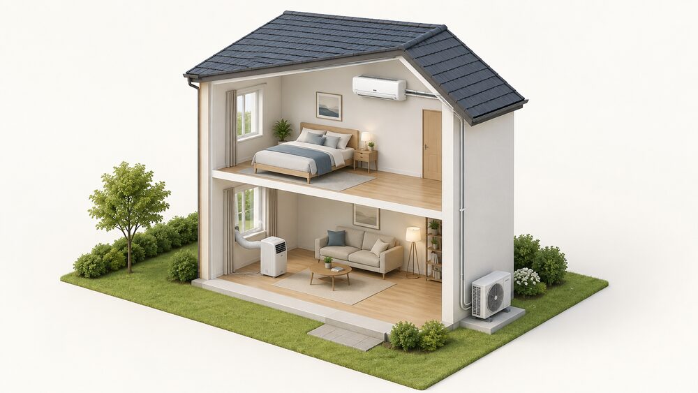 A cutaway house wall showing a wall-mounted split air conditioner indoor unit high on an inside wall, its outdoor condenser unit standing on the ground outside connected by refrigerant pipework through the wall, and a portable air conditioner box on the floor with its exhaust duct leading to the window.