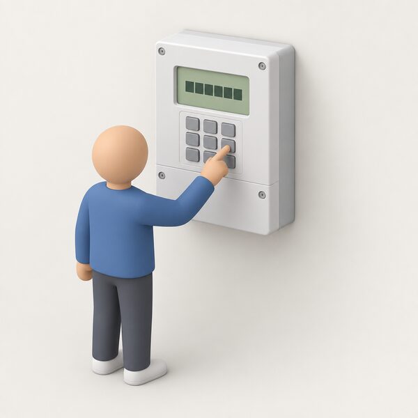 A wall-mounted electricity smart meter with a keypad below a small digital screen, its display showing a plain blocky readout, with a simplified figure standing beside it pressing a key on the keypad.