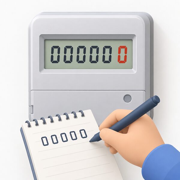 A close-up of a digital electricity meter face showing a row of plain dark digits followed by a single red digit set apart at the end, with a small simplified figure's hand poised to note down only the dark digits.