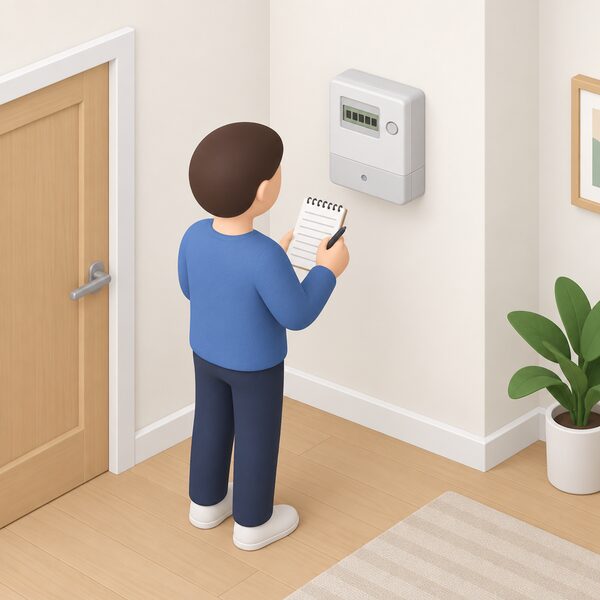 A simplified isometric figure stands at an indoor electricity meter on a wall, writing the meter's display reading onto a notepad held in one hand, with a pen in the other, showing the manual recording of a reading a supplier has requested.