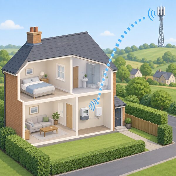 A cutaway scene showing a house with a smart meter and communications hub sending readings by radio signal to a tall mobile mast on the horizon, with no router or broadband equipment anywhere in the home.