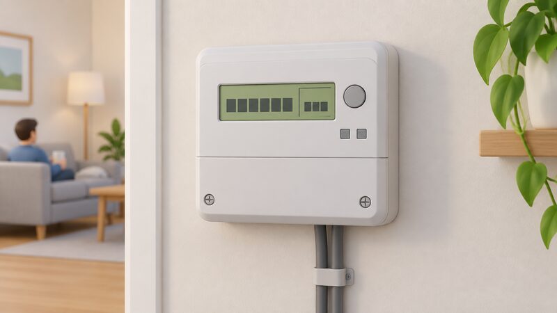 A close-up of a wall-mounted electricity smart meter's display screen showing its import register, with the reading shown as a plain figure block followed by a kWh unit block, drawn as a physical object in a home setting.