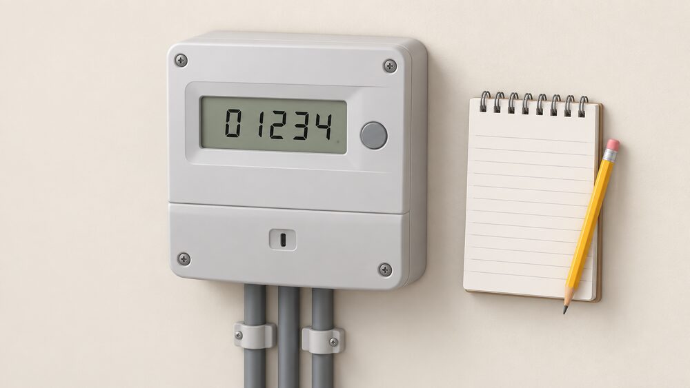 A close-up of a wall-mounted digital electricity meter showing five black digits on its display, with a notepad and pencil resting beside it ready to copy the reading down left to right.