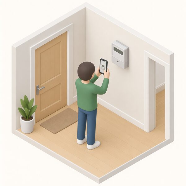 A simplified isometric tenant standing in a home hallway holding a phone up to photograph the wall-mounted electricity meter, with the meter display shown as a plain blank panel, capturing the reading as evidence when taking over the property.