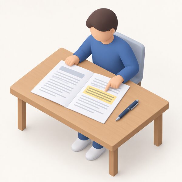 A printed tenancy agreement lying open on a table, held by a simplified isometric figure pointing at a highlighted clause block among blank lines, with a pen beside it.