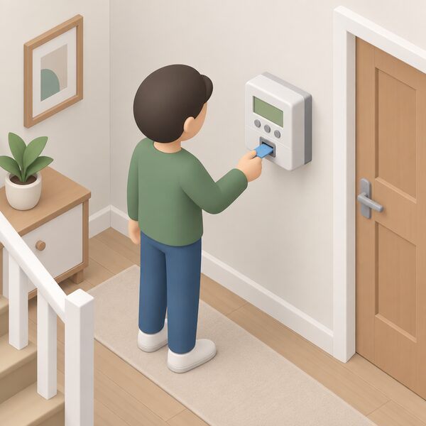 A simplified isometric tenant standing in a rented home hallway beside a wall-mounted prepayment electricity meter, inserting a top-up key into the meter's slot, with the meter's display and buttons shown plainly and no readable text.