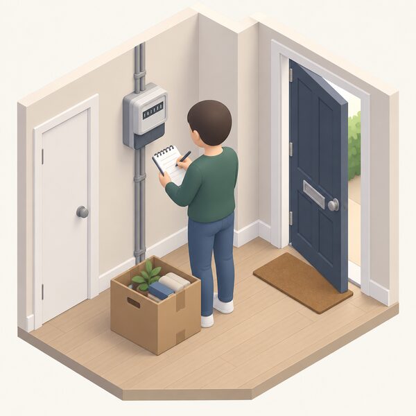 A small isometric figure stands at an electricity meter on the day of moving out, writing the meter's numbers on a notepad while a packed moving box sits beside them near the front door of the empty home.
