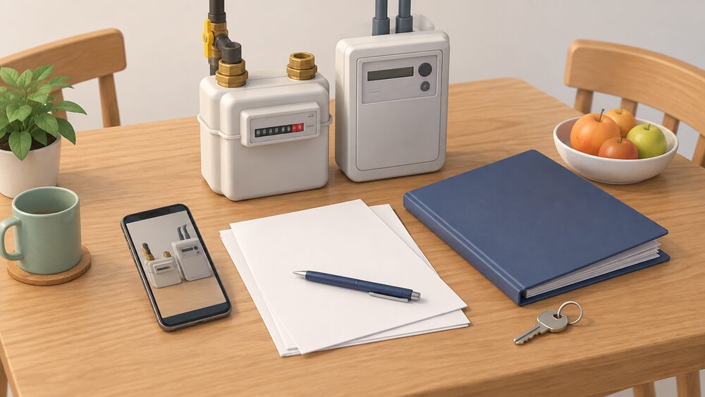 A kitchen table with a gas and electricity meter photographed on a phone lying beside blank bills, a pen, a tenancy agreement folder and a house key, showing the moment a renter takes over an energy account in their own name.