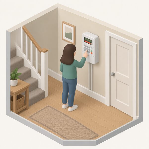 A domestic hallway wall with a prepayment electricity meter mounted on it, its display and keypad visible, with a small blank debt indicator panel showing an outstanding balance as plain colour blocks, drawn as a simple cutaway household scene.