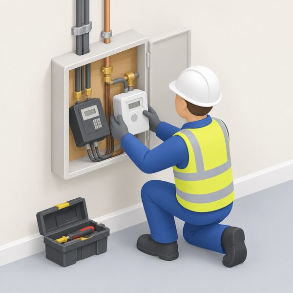 A small isometric engineer figure kneeling at the meter box on an inside wall, removing the old prepayment meter and fitting a credit meter in its place, with the supply cables and pipes connecting to the household's incoming service visible around the work.