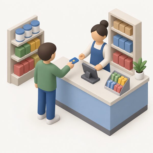 A simplified isometric figure stands at a small shop counter, handing over a prepayment key or card to be topped up, with the shopkeeper behind the counter and the key held out over the till, the meter itself not shown.
