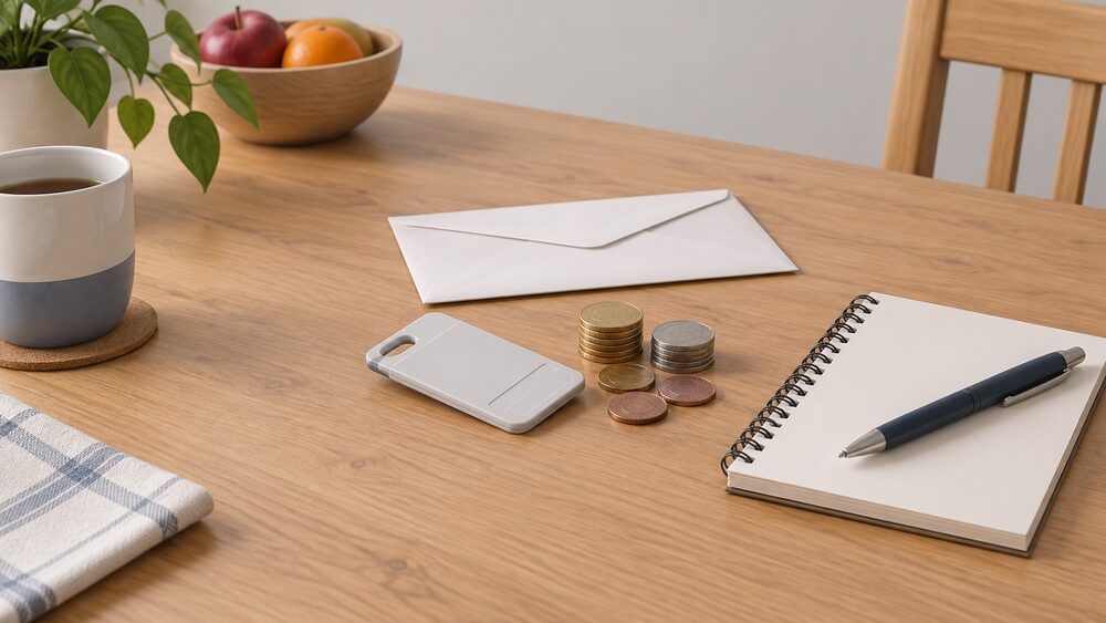 A small kitchen-table arrangement showing the moment of topping up a prepayment meter: a plastic top-up key or card lying beside a small stack of coins and a plain envelope, with a blank notepad and pen nearby, all lit by plain daylight.