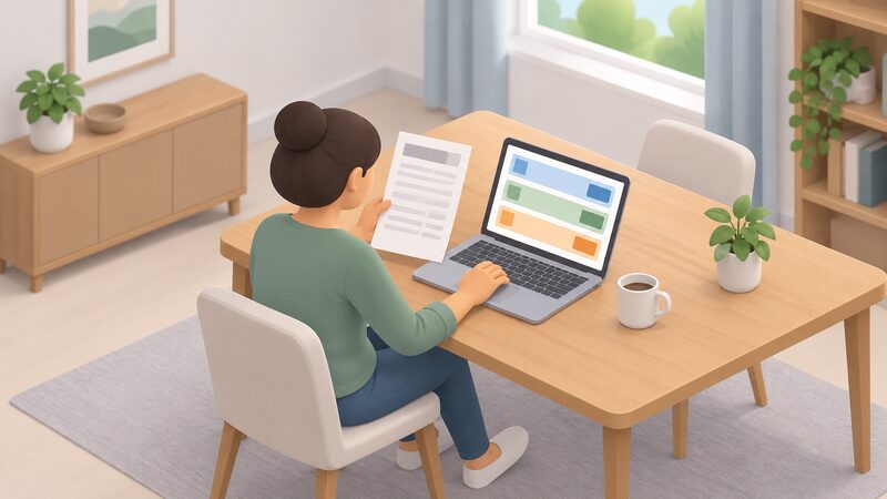 A householder at a table holds a paper energy bill in one hand while entering details into a tariff comparison shown on a laptop screen beside them.