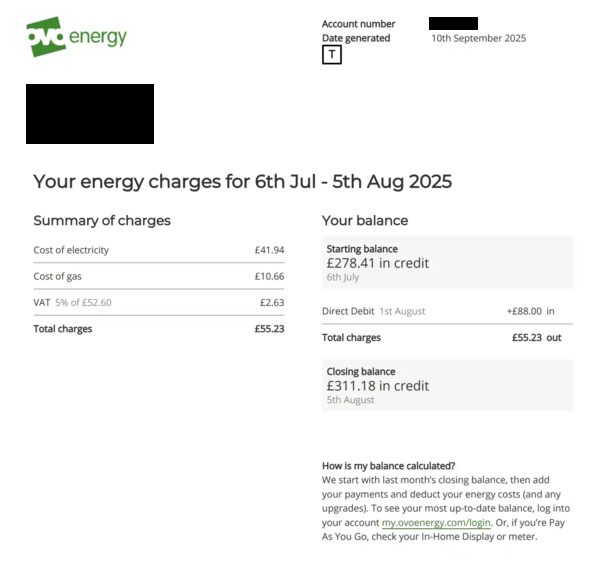An OVO Energy bill document showing a summary of energy charges and account balance for 6th July to 5th August 2025