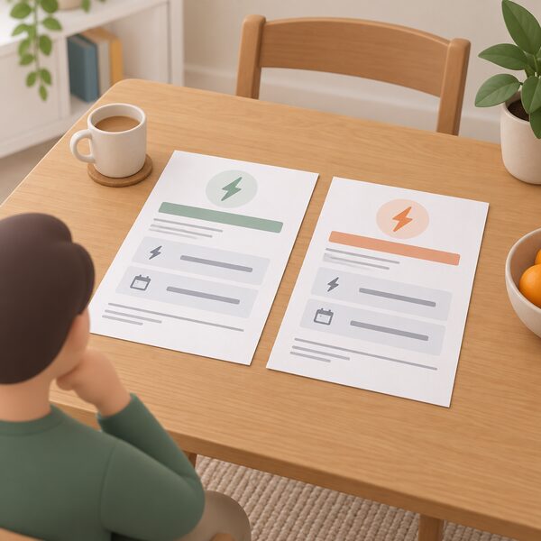 Two paper energy bills lying side by side on a household table, one for a fixed deal and one for a standard variable tariff, each showing its unit rate and standing charge as plain blank line blocks so the two can be compared.