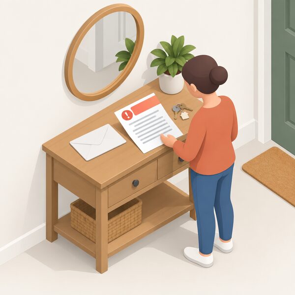 A plain envelope and a single-sheet letter lying on a hall table beside a set of house keys, the letter showing a short block of text lines and a simple colour band at the top, with a small isometric figure standing nearby reading it.
