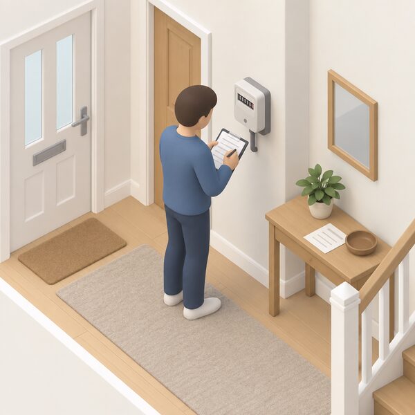 A simplified isometric figure stands in a home hallway on switch day, writing a reading from the wall-mounted electricity meter, with a recent bill resting on a nearby hall table.