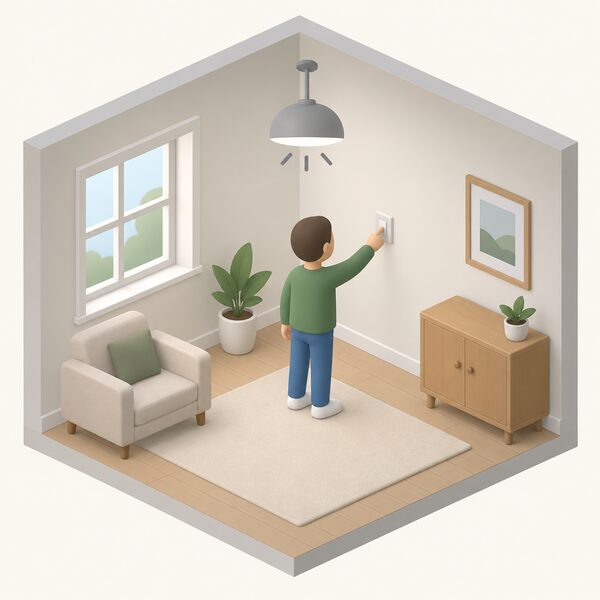 A simplified isometric figure in a plain home room reaching to switch off a ceiling light, with other lamps left off, showing reduced electricity demand as the part of the bill a household controls.
