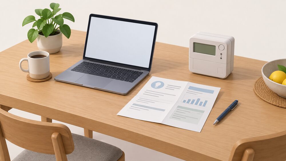 A kitchen table with a folded paper energy bill lying open beside a laptop with a blank screen, a pen, and a small domestic electricity meter with its digital display facing forward, arranged as the moment a household gathers details to compare suppliers.
